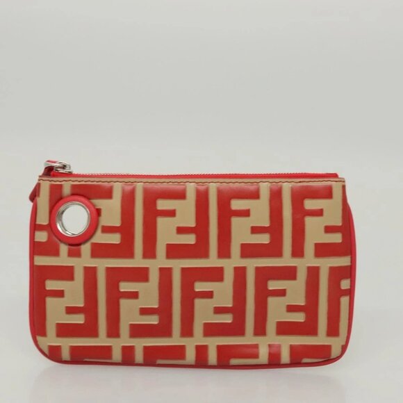 FENDI Zucca Canvas Triplet Pouch Black Brown Red Auth ac3770 - Picture 12 of 16